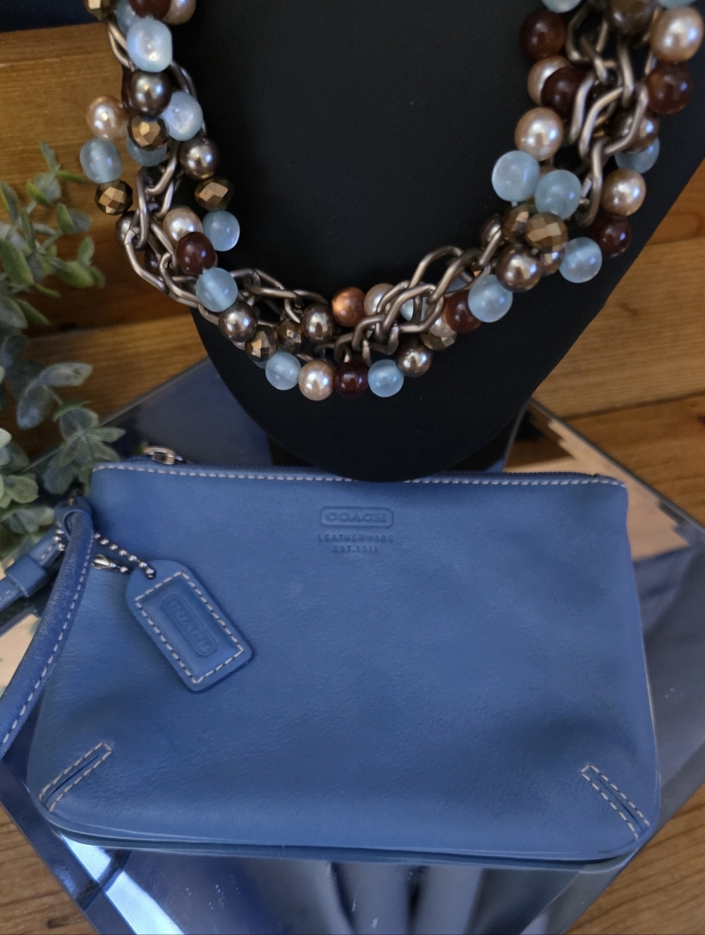 Coach Wristlet + Statement Necklace Bundle | Blue Leather & Chunky Beaded Set